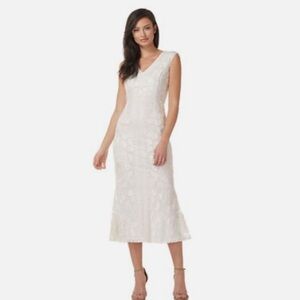 JS Collections V-neck Flared Dress - White Beaded Midi Dress - Size 6 - NWT